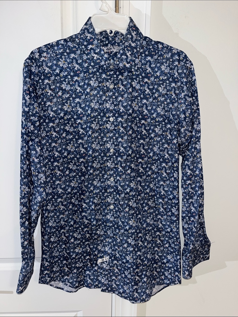 Holland & Sherry London Mens slimFit Button Down Shirt Blue Flower Floral Custom